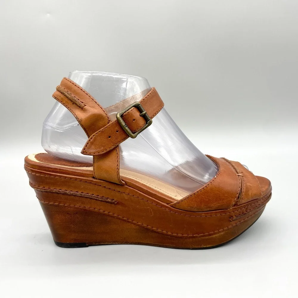 Frye Carlie Seam Brown Leather Wedge Platform Sandals Womens 8M Coastal Cowgirl